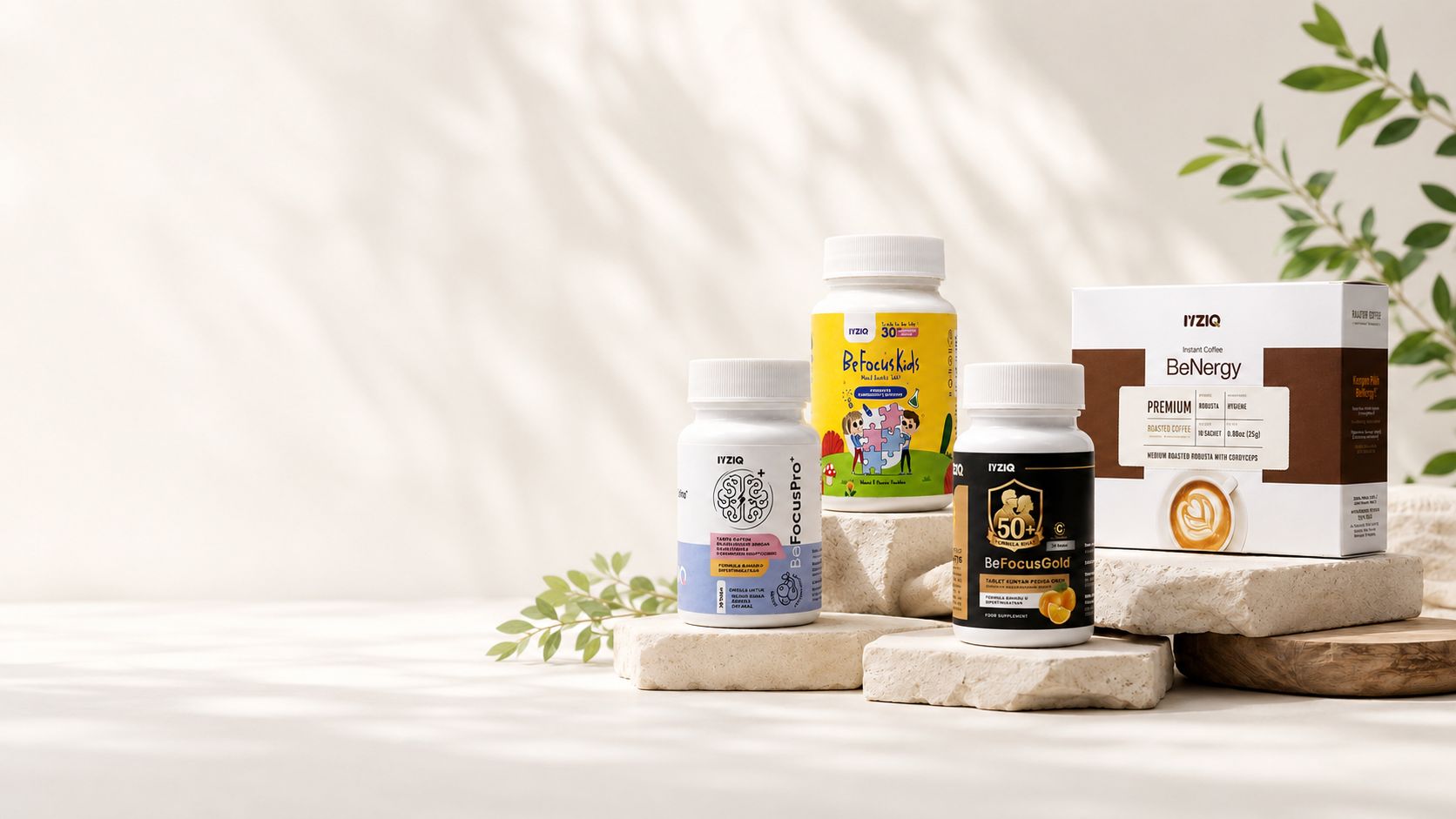 Rangkaian produk IYZIQ: BeFocus Pro+, BeFocus Kids, BeFocus Gold dan BeNergy